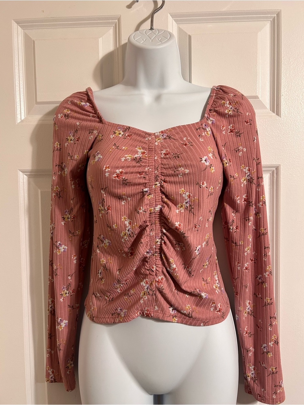 Ruched Floral Long-Sleeve Top - Dusty Rose